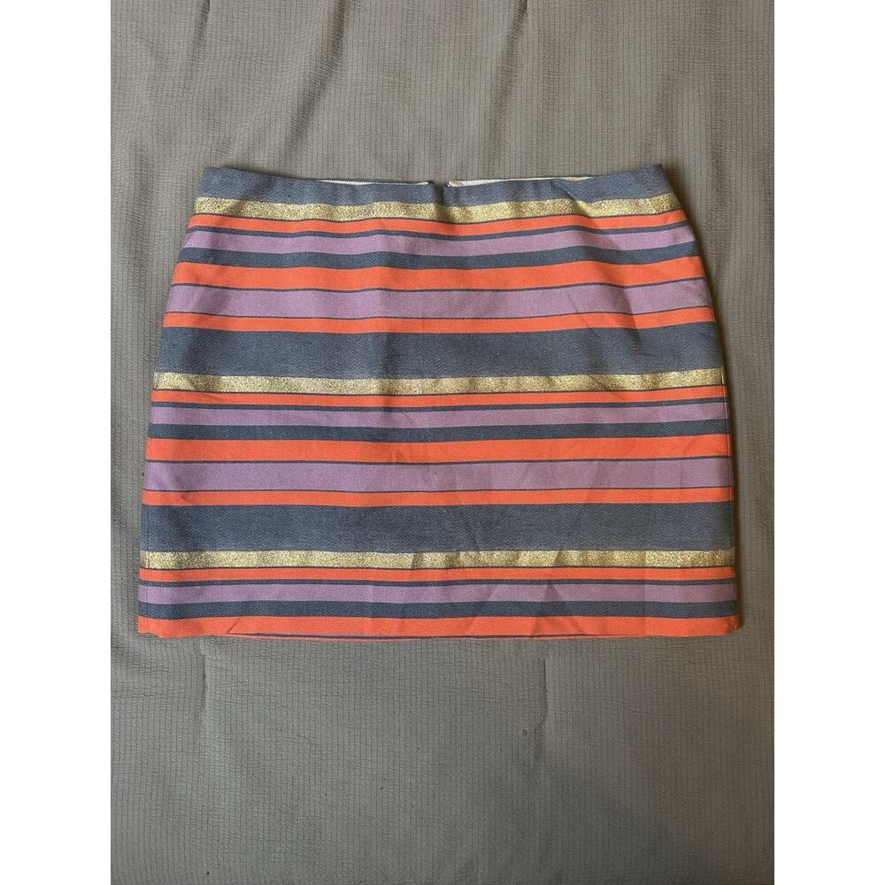J. Crew Women's Mini Skirt Size 8 Striped Blue Shimmer Gold Coral Preppy